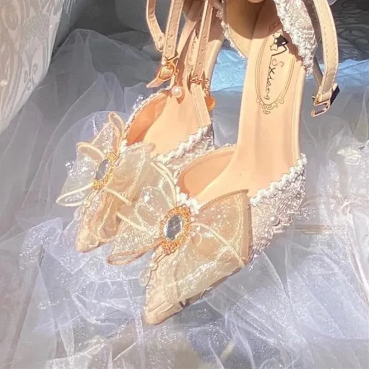 Pearl Gem Ribbon High Heel Shoes