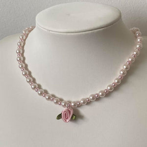 Pearl Satin Rose Necklace