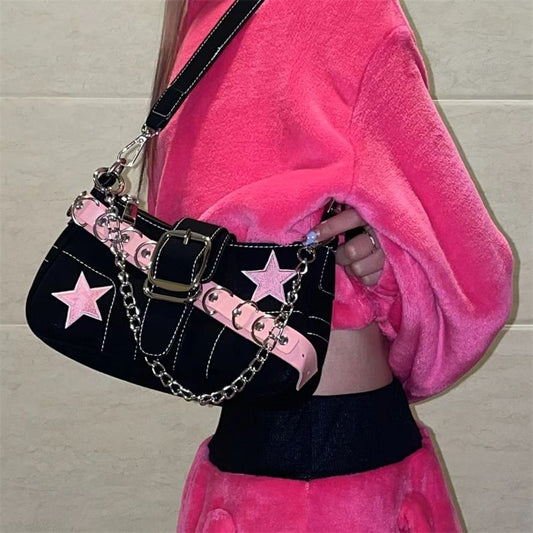 Black Denim Pink Star Bag