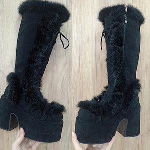 Faux Fur Knee High Chunky High Heels