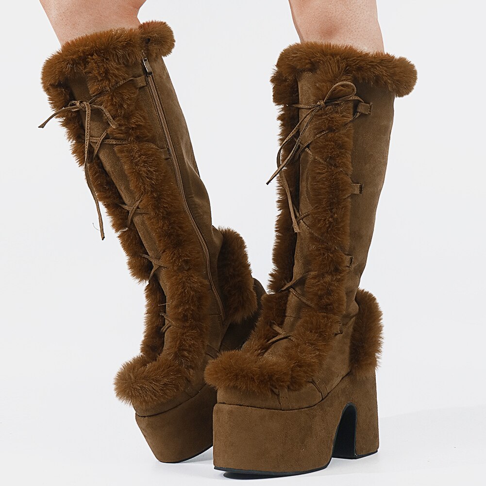 Faux Fur Knee High Chunky High Heels