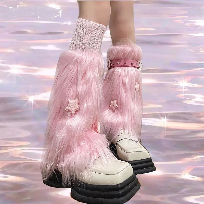 Pink Star Fuzzy Leg Warmers