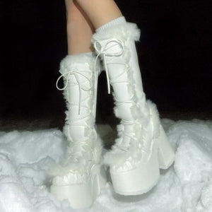 Faux Fur Knee High Chunky High Heels