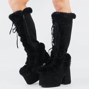 Faux Fur Knee High Chunky High Heels