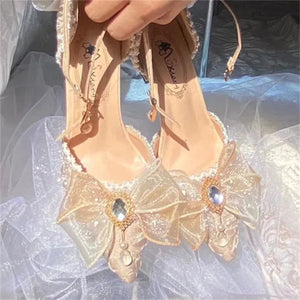 Pearl Gem Ribbon High Heel Shoes