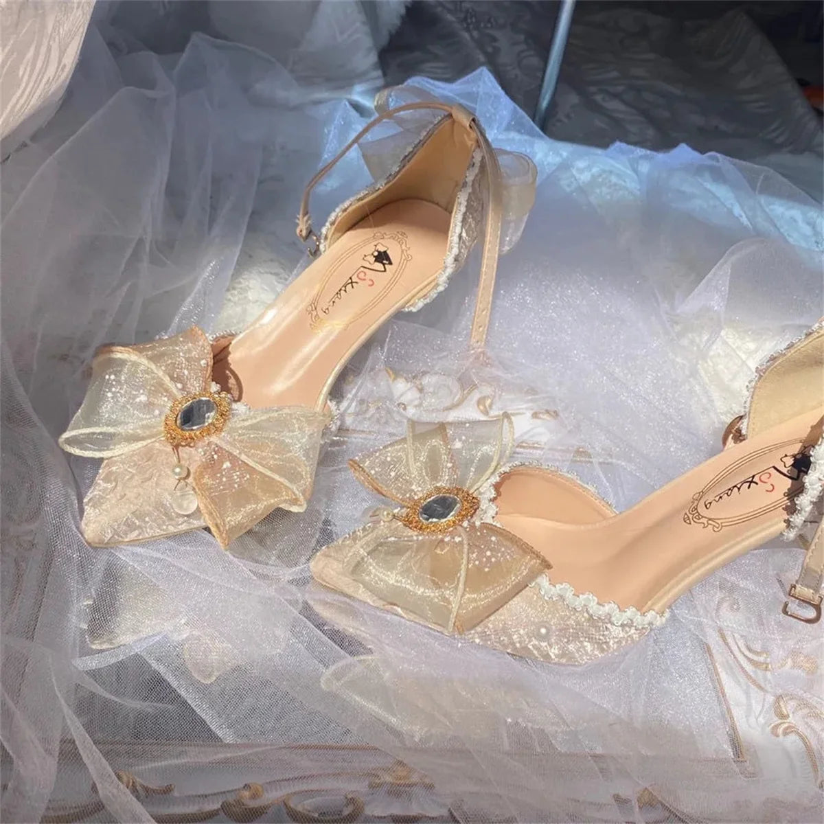 Pearl Gem Ribbon High Heel Shoes