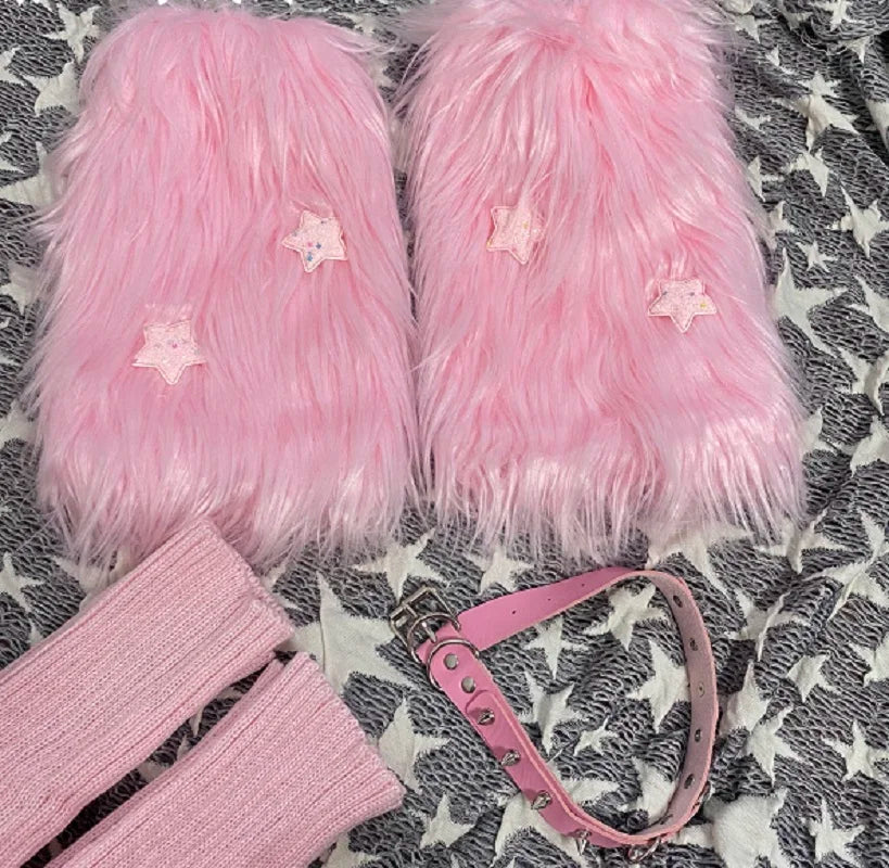 Pink Star Fuzzy Leg Warmers