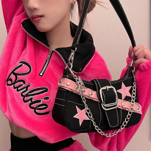 Black Denim Pink Star Bag