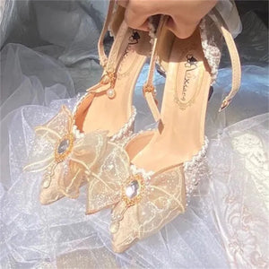 Pearl Gem Ribbon High Heel Shoes