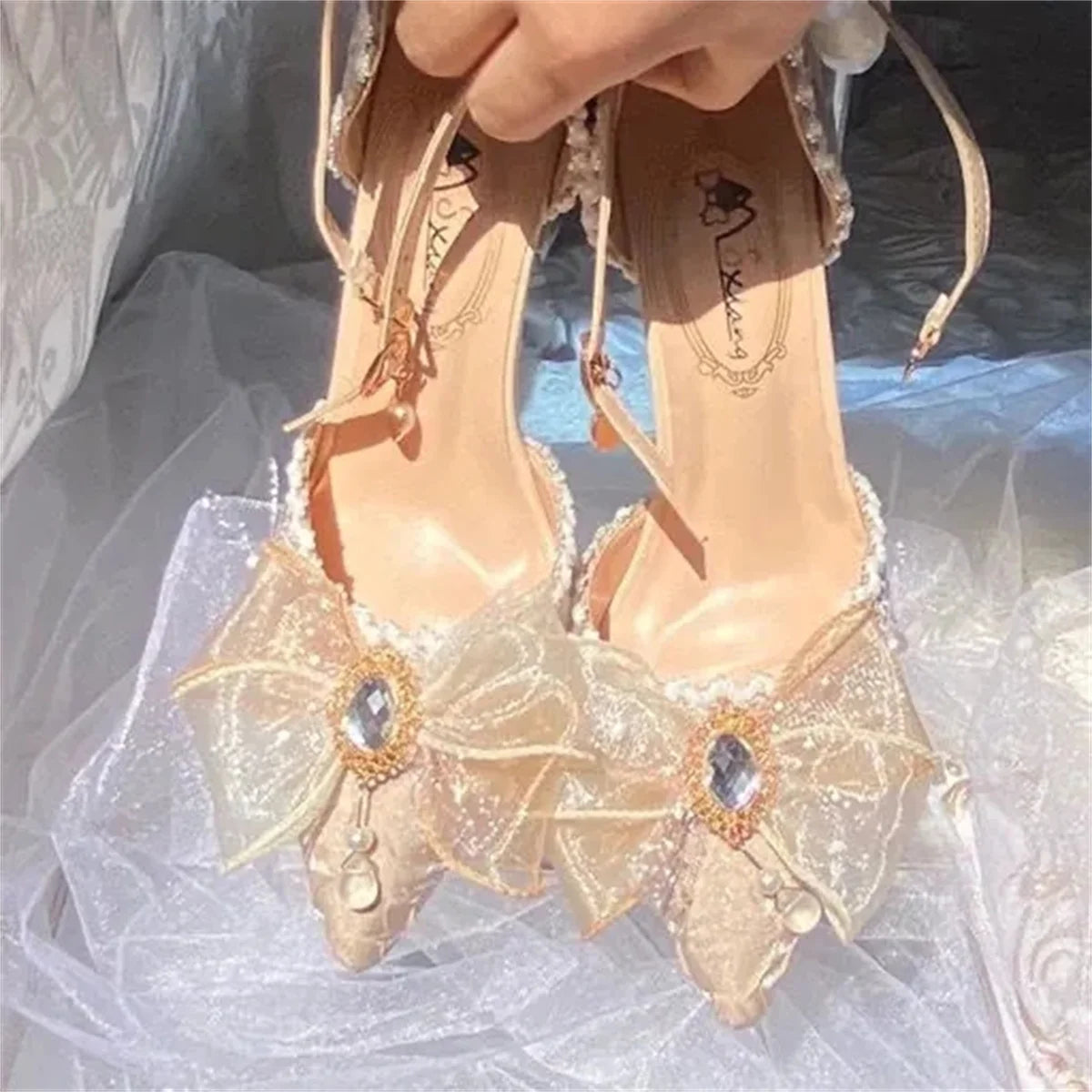 Pearl Gem Ribbon High Heel Shoes