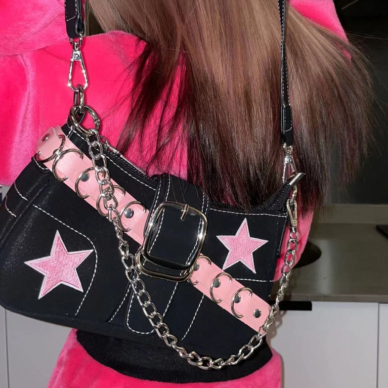 Black Denim Pink Star Bag